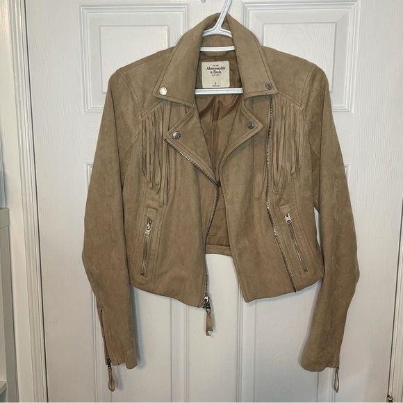 ABERCROMBIE Faux Suede Moto Tassel Tan Jacket small - Picture 1 of 8